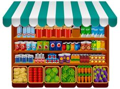 an illustration of a grocery store with fruits and vegetables on the shelves, including juices