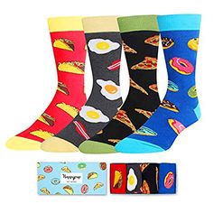 Food SocksThese 4 pack men's socks have cute designs of tacos, bacon, pizzas, and donuts. They are perfect gifts for food lovers.Size & PackageOne size fits most. Our men's crazy socks are designed to fit shoe sizes 7-13 and sock sizes 8-14. Each exclusive gift box contains 4 pairs of funny socks.Quality MaterialOur novelty socks are made of 80% Cotton, 15% Polyamide, and 5% Elastane to ensure they are soft, comfortable, stretchy, and breathable. They won't fade and are machine washable.Food Gif Donut Socks, Avocado Socks, Funny Socks For Men, Unique Easter Baskets, Food Socks, Bacon Pizza, Pizza Gifts, Donut Gifts, Girls Easter Basket