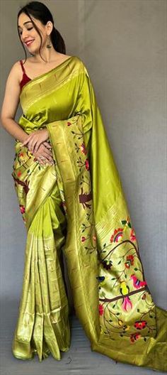 Green color Saree in Silk, Tussar Silk fabric with Weaving work Fitted Green Paithani Silk Traditional Wear, Pista Green Traditional Wear With Motifs For Wedding, Green Embroidered Paithani Silk Traditional Wear, Green Paithani Silk Saree With Resham Embroidery, Green Paithani Silk Dupatta With Resham Embroidery, Pista Green Tussar Silk Pre-draped Saree With Pallu, Luxury Green Slub Silk Pre-draped Saree, Green Tussar Silk Pre-draped Saree, Green Bollywood Tussar Silk Pre-draped Saree