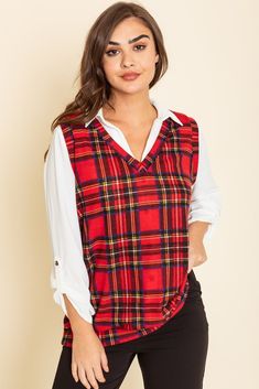 Red Plaid V-Neck Vest Red Plaid Vest Outfit, Plaid V-neck Blouse For Fall, Red Buffalo Plaid Vest, Fall V-neck Argyle Sweater Vest, Red V-neck Knit Sweater Vest, Vest Layering, Plaid Cardigan, Plaid Vest, Hooded Cardigan