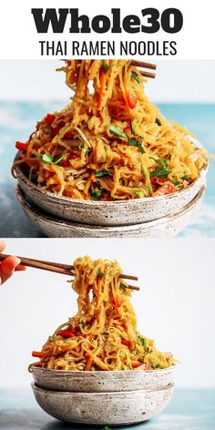 noodles with chopsticks being lifted from the bowl