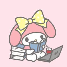 a cartoon character reading a book while sitting at a laptop computer with a bow on her head