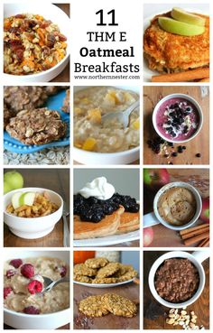 the collage shows different types of breakfast foods, including oatmeal and fruit