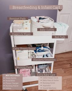 a baby changing table with lots of items labeled in the words breastfeeding & infant cart