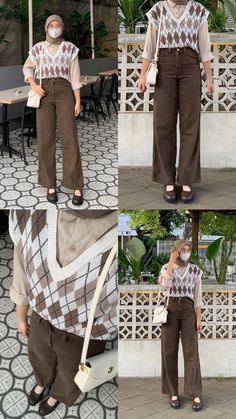 Brown Pants Outfit Hijab, Outfit Rompi, Ootd Rompi, Ootd Kampus Hijab, Brown Outfit Hijab, Ootd Vintage Hijab, Outfit Vintage Hijab, Outfit Study Tour, Outfit Bukber