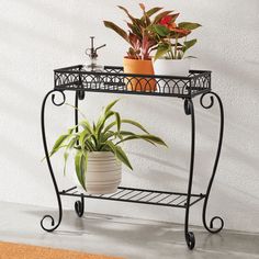 two potted plants sit on top of a black metal shelf next to a white wall