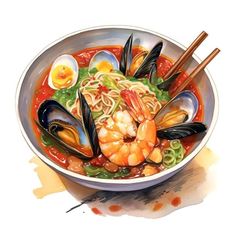 a bowl of noodles with shrimp, mussels and clams in tomato sauce