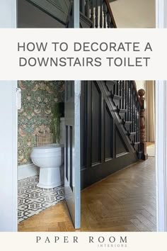 an open door leading to a bathroom with stairs in the background and a toilet on the floor