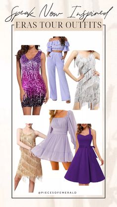 four different styles of dresses with fringes on them