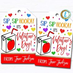 Valentine JuiceBox Gift Tags, Sip Sip Hooray, Apple Fruit Juice Valentine, Classroom School Teacher Kids Valentine, DIY Editable Template Student Valentines, Valentine Classroom, Candle Tags, Valentine Diy, Valentines Gift Tags, Sip Sip Hooray, Juice Boxes, Holiday Scents, Classroom Printables