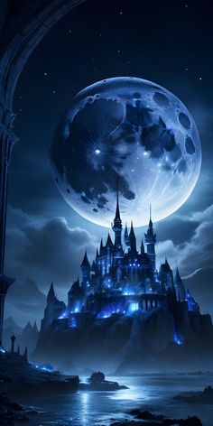 an image of a castle at night with the moon in the sky and stars above it