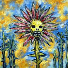 a painting of a sunflower with a skull on it's head and trees in the background