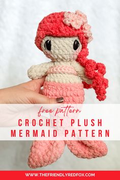 a crochet mermaid doll is shown with text overlay that says free pattern