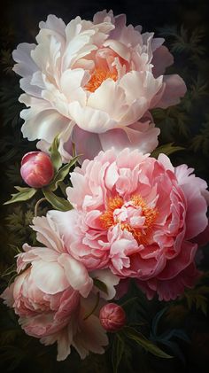 three pink and white peonies on a black background