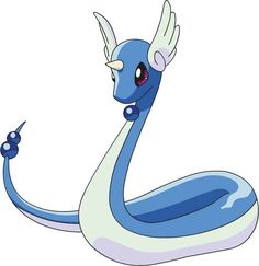 a blue and white snake with wings on it's head, sitting in the middle of