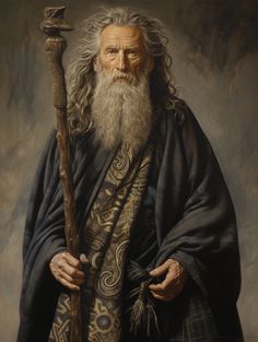 an old man with a long white beard holding a stick