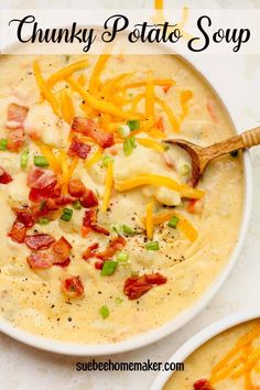 two bowls of soup with cheese and bacon on top