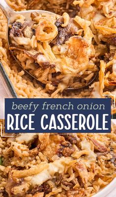 beefy french onion rice casserole in a white bowl with a spoon on the side