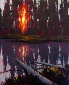 an oil painting of the sun setting over a body of water with trees in the background