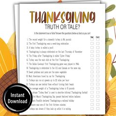 a thanksgiving printable with the words,'thanksgiving truth or tale?'on it