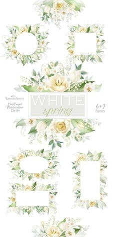 white flowers and leaves are arranged in the shape of letters