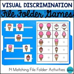 an ice cream themed file folder with the words, visual discrimination file folder games