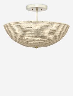 a white ceiling light with a woven basket on the top and two lights above it