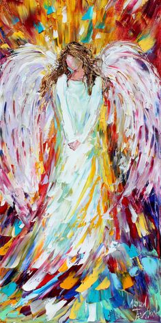 an angel painting with bright colors and white wings