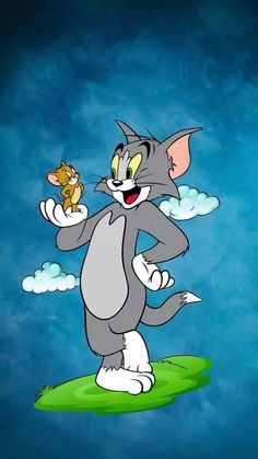 the cartoon cat is standing on his hind legs and holding a mouse in one hand