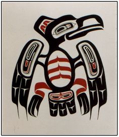 a drawing of an eagle with red and black designs on it's chest, sitting in front of a white background