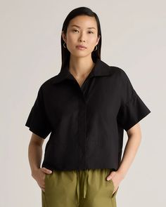 100% Organic Cotton Poplin Boxy Short Sleeve Shirt Modern Cotton Camp Shirt With Relaxed Fit, Modern Relaxed Fit Cotton Camp Shirt, Relaxed Fit Poplin Top For Work, Summer Poplin Top With Spread Collar, Casual Poplin Blouse For Workwear, Summer Poplin Short Sleeve Tops, Short Sleeve Poplin Tops For Work, Cotton Camp Shirt With Camp Collar For Work, Summer Poplin Shirt With Relaxed Fit