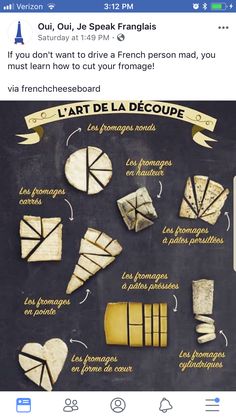 an image of different types of cheese on a blackboard with the words la art de la decoupe