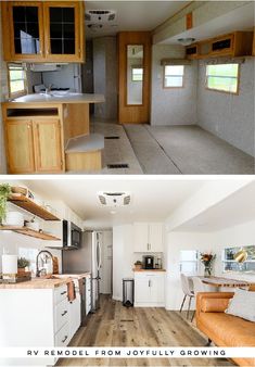 before and after photos of a mobile home kitchen remodel from joyfully growing