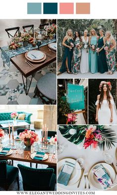 a collage of photos with flowers and greenery in the center, including two bridesmaid's dresses