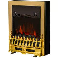 an electric fireplace with gold and black trimmings on the sides, in front of a white background