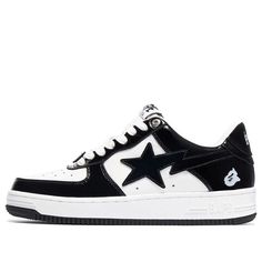 A BATHING APE Bape Sta Patent Leather Black White 1I70-191-002-BLACK   -  KICKS CREW Bapesta Shoes, Bape Shoes, Bape Sneakers, Vetements Shoes, Bape Sta, Pretty Sneakers, Ape Bape, All Nike Shoes, Shoes Drawing