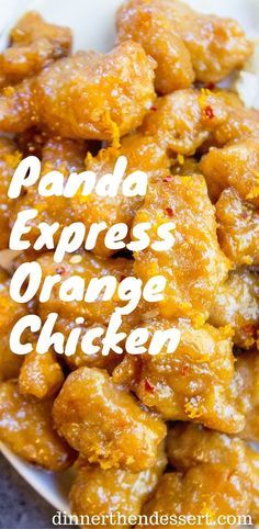 panda express's orange chicken on a white plate with the words panda express's orange chicken