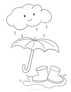 a coloring page with an umbrella and hat in the rain