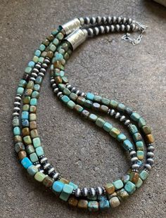 Sterling Silver Multi Strand Blue Green Turquoise Bead Necklace. 24 inch Southwestern Multi-strand Turquoise Jewelry, Turquoise Double Strand Polished Bead Jewelry, Turquoise Multi-strand Beads For Jewelry Making, Long Turquoise Necklace With Colorful Beads, Turquoise Long Necklace With Colorful Beads, Double Strand Turquoise Jewelry With Colorful Beads, Turquoise Double Strand Jewelry With Colorful Beads, Turquoise Multi-strand Necklace With Gemstone Beads, Turquoise Polished Oval Beads Jewelry