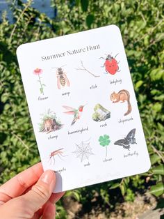 someone holding up a card with pictures of different animals and insects on it in front of some bushes