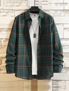 Green Clothes Aesthetic Men, Dark Green Style Outfits, Slytherin Inspired Outfits Men, Green Mens Outfits, Male Shirts, Men's Activewear, Men's Clothing, Plaid Print Shirt, Kids Activewear