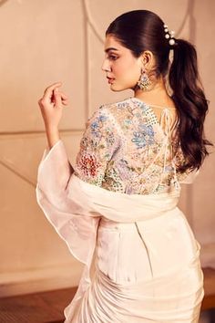 Ivory pre-draped ruffle saree in a solid base. Comes with padded blouse, embellished by sequins, crystal and beads. - Aza Fashions Ruffle Sarees, Ruffle Saree, Padded Blouse, Drape Saree, Embellished Blouse, Saree With Blouse, Aza Fashion, Blouses For Women, Sequin