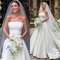 two pictures of the same bride in different wedding gowns