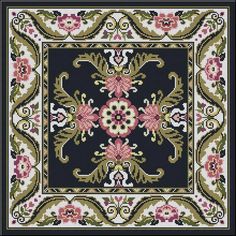 a cross stitch pattern with pink flowers and green leaves on black ground, in the middle of