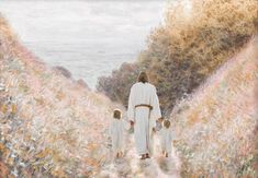 a painting of jesus walking down a path with two children