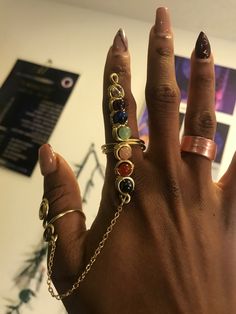 Brass & Crystal Chakra Wand Ring, Chakra Jewelry, Gemstones, Chakra Ring, Rainbow Jewelry, Crystal Ring, Meditation Jewelry '''''''''''''''''''''''''''''''''''''''''''''''''''''''''''''''''''''' All rings adjust Chakra ring not only eye catching style but healing capabilities. Brass works as an energy conductor so it amplifies the energy of the chakra stones. Crystals are like friends and they help to reveal different layers of yourself. So use your ring as a feel good reminder to listen to Spiritual Jewelry Aesthetic, Chakra Nails, Crystal Jewelry Aesthetic, Diy Crystal Jewelry, Creative Rings, Spiritual Accessories, Chakra Wand, Chakra Ring, Crystal Jewelry Diy