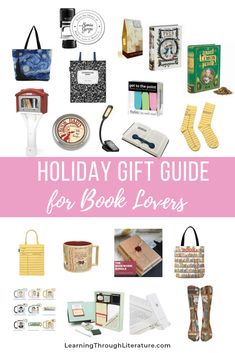 the holiday gift guide for book lovers is featured in this image with text overlay