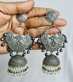 Oxidized brass based silver plated Jumki with kundan and Monalisa stone | indian jewelry | silver replica collection8alankar Exclusive Oxidized Brass Jhumkas, Festive Oxidized Brass Jhumkas, Traditional Brass Jhumkas With Oxidized Finish, Traditional Oxidized Brass Jhumkas, Sterling Silver Fusion Jhumkas For Wedding, Fusion Style Metal Jewelry For Festivals, Fusion Metal Jewelry For Festivals, Silver Metal Jewelry For Navratri, Navratri Jewelry With Intricate Metal Design