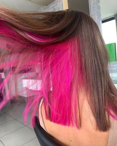 Pink Hair Color Underneath, Pink Color Underneath Hair, Bright Pink And Blonde Hair, Dark Brown Hair With Hot Pink Underneath, Purple Pink Underneath Hair, Black On Top Pink Underneath Hair, Peekaboo Hot Pink Hair, Pink Underhair Dye, Neon Pink Underneath Hair