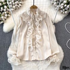 Bjux - Chiffon Blouse with Sweet Stand Collar, Beaded Embellishments and Ruffled Hem - Elegant and Chic Sweet Stand, Stand Collar Blouse, Flare Blouse, Beaded Embellishments, Chic Blouses, Style Cardigan, Ruffle Collar, Chiffon Shirt, Chiffon Blouse